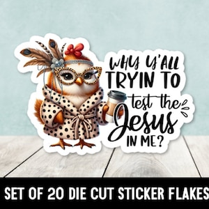 May include: A die-cut sticker featuring a cartoon owl wearing glasses and a polka dot robe, holding a cup of coffee. The text "Why y'all tryin' to test the Jesus in me?" is written in black lettering.