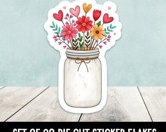 Whimsical Flowers Mason Jar Valentine Die Cut Stickers Happy Mail - Set of 20