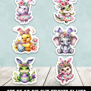 May include: Set of 20 die-cut sticker flakes featuring adorable cartoon animals dressed in Easter attire. The stickers include a hippo, alligator, duckling, elephant, frog, and hedgehog, each with bunny ears and holding Easter eggs.