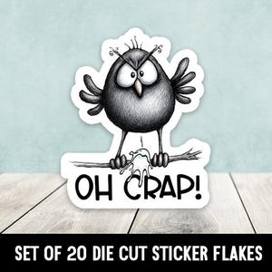 May include: A black and white sticker featuring an angry bird perched on a branch, with the words "OH CRAP!" below. The sticker has a distressed, hand-drawn style. The bottom of the image reads "SET OF 20 DIE CUT STICKER FLAKES".