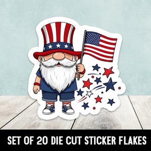 May include: A set of 20 die-cut sticker flakes featuring a cartoon gnome wearing a red, white, and blue hat and holding an American flag. The gnome is surrounded by red, white, and blue stars and fireworks.