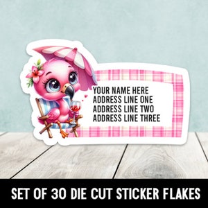 May include: Set of 30 pink flamingo die-cut sticker flakes. Each sticker features a pink flamingo with a glass of wine, a pink umbrella, and a pink and white checkered background. The text "YOUR NAME HERE ADDRESS LINE ONE ADDRESS LINE TWO ADDRESS LINE THREE" is printed on the sticker.