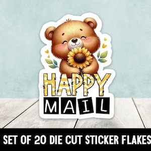 以下が含まれることがあります： ひまわりを持った漫画のクマが描かれた、20枚のダイカットステッカーフレークのセット。ステッカーには、白と黄色のストライプの背景に、黄色と黒の文字で「Happy Mail」と書かれています。