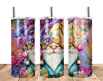 Spring Gnome Bright Color Swirl Background 20 Ounce Oz Skinny Tumbler Sublimation Wrap | PNG | Digital File | Digital Download