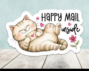 Happy Mail Inside Cat On Bak Die Cut Sticker Flakes Set of 20