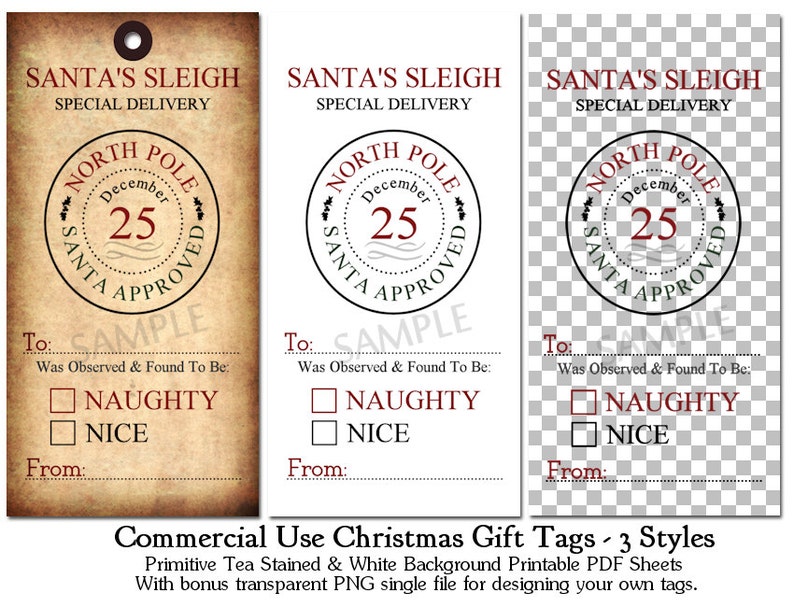 CU OK Primitive Naughty or Nice Printable Christmas Tags CU4CU Tea Stained