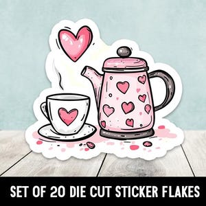 May include: A set of 20 die-cut sticker flakes featuring a pink teapot with hearts and a pink teacup with a heart. The stickers are perfect for adding a touch of whimsy to your planner, laptop, or water bottle.
