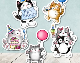 Happy Birthday Cats Die Cut Stickers - Set of 20