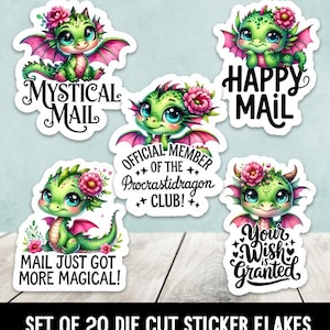 May include: Set of 20 die-cut sticker flakes featuring cute green dragons with pink flowers and whimsical sayings. The stickers include phrases like "Mystical Mail", "Happy Mail", "Mail Just Got More Magical!" and "Your Wish is Granted".