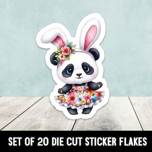 May include: A die-cut sticker of a panda bear with bunny ears, wearing a floral dress and a flower crown. The sticker has a white border and is set against a light blue background. The text "SET OF 20 DIE CUT STICKER FLAKES" is at the bottom.