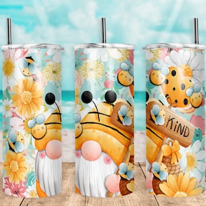 Bee Kind Gnome With Daisies 20 Ounce Oz Skinny Tumbler Sublimation Wrap | PNG | Digital File | Digital Download