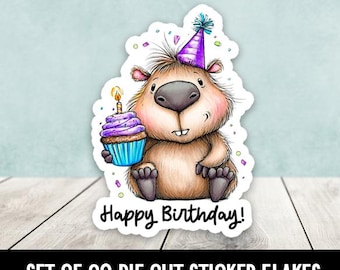 Happy Birthday Capybara With Cupcake Die Cut Stickers - Set of 20