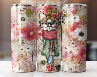 Wild & Wacky Cat With BOHO Flowers 20 Ounce Oz Skinny Tumbler Sublimation Wrap | PNG | Digital File | Digital Download