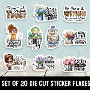 Può includere: Set di 20 adesivi fustellati con diverse citazioni e disegni religiosi e ispiratori. Gli adesivi presentano disegni floreali, una tartaruga, una lanterna, una ragazza e un annaffiatoio.
