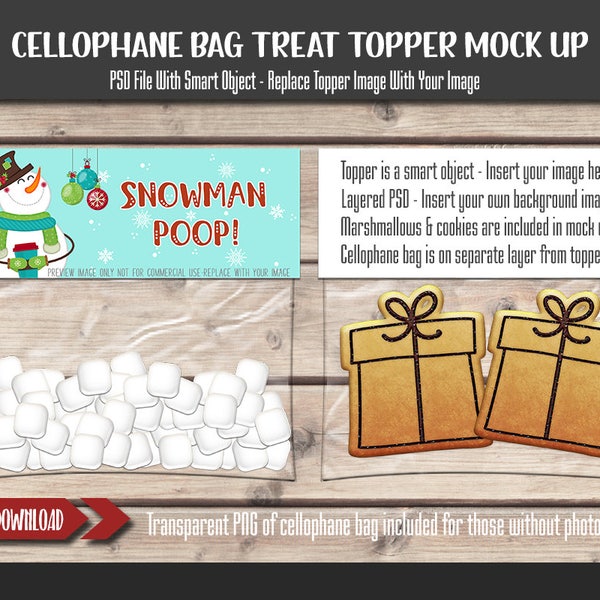 Treat Topper Mockup mit Cellophane Bag Smart Object Layered PSD Mock Up mit transparentem Hintergrund enthält Schritt für Schritt Tutorial