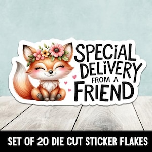 May include: A set of 20 die-cut sticker flakes featuring a cute cartoon fox with pink flowers in its hair. The sticker says "Special Delivery From A Friend".
