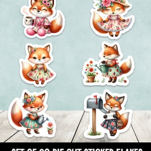 May include: Set of 20 die cut sticker flakes featuring cute fox illustrations. The foxes are wearing dresses, hats, and holding various items like a watering can, a cup of coffee, and a letter. The stickers are perfect for adding a touch of whimsy to journals, laptops, water bottles, and more.