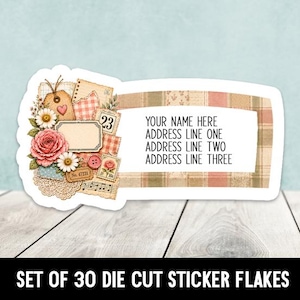 May include: A rectangular address sticker featuring a collage of vintage-style elements including a pink rose, daisies, a heart-shaped tag, a button, and lace. The text reads: YOUR NAME HERE, ADDRESS LINE ONE, ADDRESS LINE TWO, ADDRESS LINE THREE.