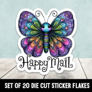 May include: A colorful butterfly sticker with a smiling face and intricate wing patterns in shades of purple, blue, green, and orange. The text "Happy Mail" is written in a whimsical font. The sticker is die-cut.