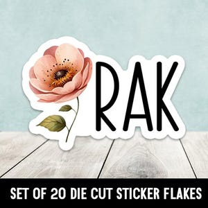 Könnte beinhalten: Ein Set mit 20 ausgestanzten Sticker-Flocken mit einer rosa Blume mit schwarzem Umriss und dem Wort "RAK" in schwarzem Text.