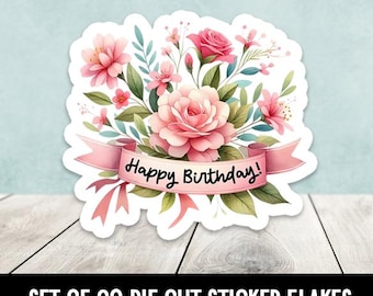 Pegatinas troqueladas de flores de feliz cumpleaños - Juego de 20