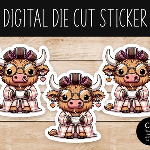 Adoráveis rolos de vaca Highland e adesivo digital de café - arquivo PNG - uso comercial ok - criar adesivos recortados e vender