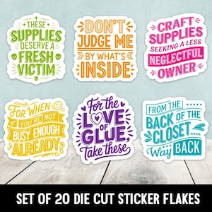 May include: A set of 20 die-cut sticker flakes with various phrases in colorful fonts. The stickers feature quotes like "Don't Judge Me By What's Inside" and "For the Love of Glue, Take These". Ideal for crafting and scrapbooking.
