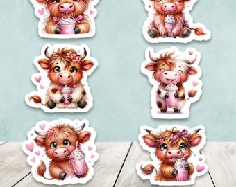 Valentine Highland Cow Milkshake Mixed Set Die Cut Stickers Happy Mail - Set of 20