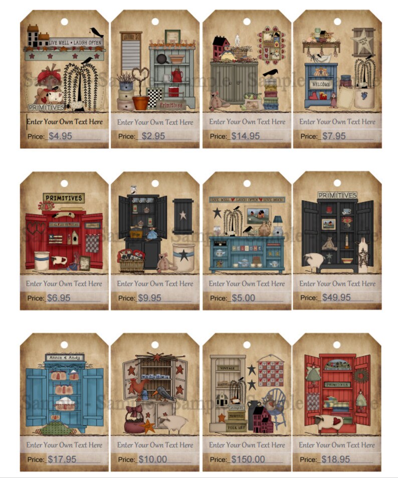 Primitive Price Tags Editable PDF Set of 12 DIY Instant Etsy