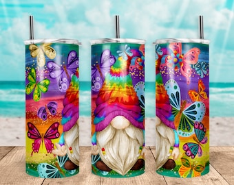 Hippie Gnome Rainbow Tie Dye 70's Butterflies 20 Ounce Oz Skinny Tumbler Sublimation Wrap | PNG | Digital File | Digital Download
