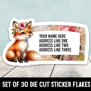 May include: A set of 30 die-cut sticker flakes featuring a cute fox with pink flowers on its head. The stickers have a vintage floral background and a space for personalization with the text "YOUR NAME HERE ADDRESS LINE ONE ADDRESS LINE TWO ADDRESS LINE THREE".