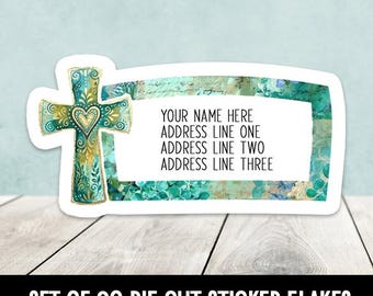 Teal & Gold Watercolor Cross Set of 30 Die Cut Address Labels