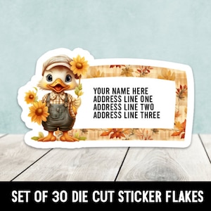 May include: A set of 30 die-cut sticker flakes featuring a cartoon duck with a sunflower and fall leaves. The stickers are designed for addressing packages and include the text "YOUR NAME HERE ADDRESS LINE ONE ADDRESS LINE TWO ADDRESS LINE THREE".