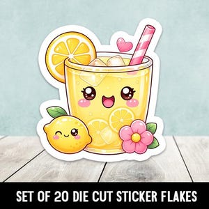May include: A die-cut sticker set featuring a kawaii-style lemonade drink with a smiling face, ice cubes, and a pink straw. A lemon slice and a smiling lemon are also included, along with a pink flower and heart. The text "SET OF 20 DIE CUT STICKER FLAKES" is at the bottom.