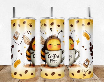 Coffee First Sleepy Honey Bee Seamless 20 Ounce Oz Skinny Tumbler Sublimation Wrap | PNG | Digital File | Digital Download