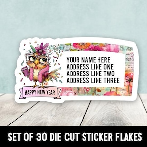 May include: A die-cut sticker with a cartoon chicken wearing glasses and holding a coffee cup. The sticker has the text "Happy New Year" and space for a name and address. The bottom of the sticker says "SET OF 30 DIE CUT STICKER FLAKES."