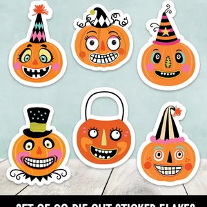 May include: Set of 20 die cut sticker flakes featuring whimsical pumpkin faces with various hats and expressions. The stickers are orange with black eyes, mouths, and noses. The hats are colorful and include a jester hat, a party hat, a witch hat, and a bucket.