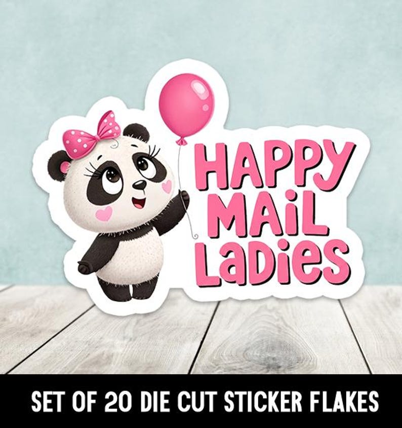 Panda Holding Pink Balloon Happy Mail Die Cut Stickers Happy Mail - Set ...