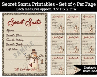 Secret Santa Gift Exchange Printable PDF - Christmas Party - Gift List - Primitive Snowman - Country Snowmen