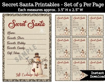 Secret Santa Gift Exchange Printable PDF - Weihnachtsfeier - Geschenkliste - Primitive Schneemann - Schneemänner vom Land
