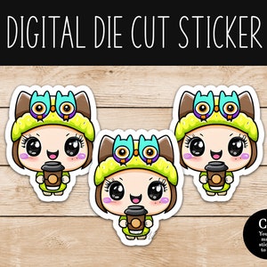 Kawaii Chibi Girl Wearing Owl Hat Die Cut Digital Mail Sticker - PNG File - Commercial Use Ok - Create Die Cut Stickers To Sell
