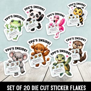 May include: Set of 20 die-cut sticker flakes featuring various cartoon animals, including a panda, frog, bee, flamingo, koala, highland cow, turtle, and otter. Each sticker has the text "TPC'S INSIDE!" and a "Traveling Postcard".