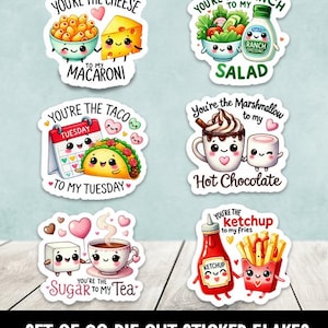 May include: Set of 20 die-cut sticker flakes featuring cute cartoon food pairings with puns. The stickers include a taco and calendar, a marshmallow and hot chocolate, ketchup and fries, sugar and tea, cheese and macaroni, and ranch dressing and salad.