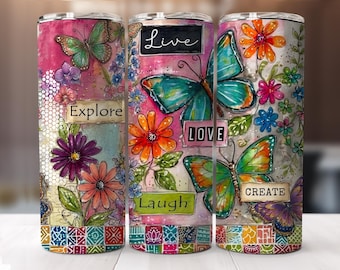 Whimsical Mixed Media Butterfly 20 0z Tumbler Sublimation Wrap | PNG | Digital File