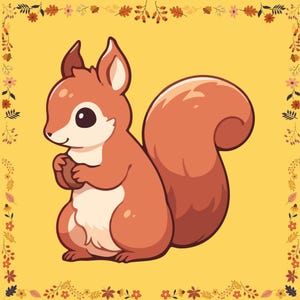 May include: A cartoon illustration of a reddish-brown squirrel with a cream-colored belly and large dark eyes, holding a small brown nut. The squirrel is centered on a solid yellow background framed by a border of small autumn leaves and flowers.
