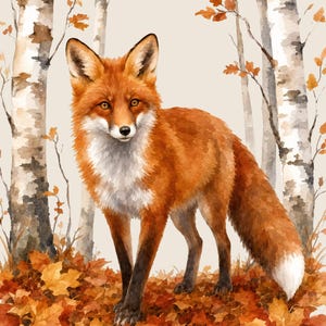 Könnte beinhalten: Eine Aquarellillustration eines Rotfuchses, der in einem Birkenwald steht. Der Fuchs hat orangefarbenes Fell, eine weiße Brust und eine weiß gefärbte Schwanzspitze. Der Boden ist mit herbstlichen Blättern in Orange-, Gelb- und Brauntönen bedeckt.
