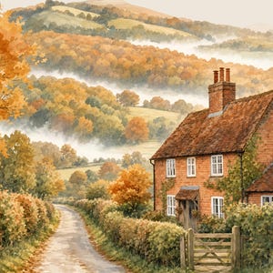 May include: A watercolor painting of a brick cottage with a chimney situated beside a winding dirt path. The landscape features rolling hills covered in autumn foliage with orange and yellow trees, partially obscured by a low-lying morning mist.