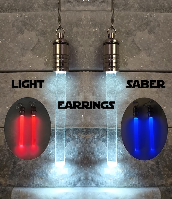 LIGHT UP Lightsaber Earrings Ahsoka - Clear LED Star Wars - Stainless Steel, Battery powered, Nickel-Free Hypoallergenic, Geek Nerd Birthday