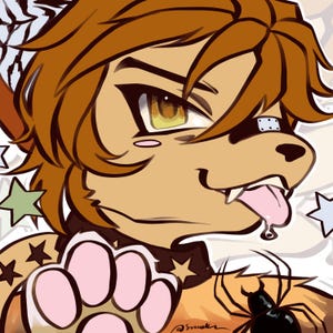 May include: An anime-style illustration of a brown anthropomorphic creature with messy hair, a black eye patch, and a collar with a star. The character has a pink paw raised, a tongue sticking out, and a black spider on its shoulder.