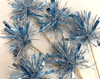 12 Pcs Tinsel Blue - Silver on Skewer Stick- Birthday Party, Cake Toppers, Holiday Decor